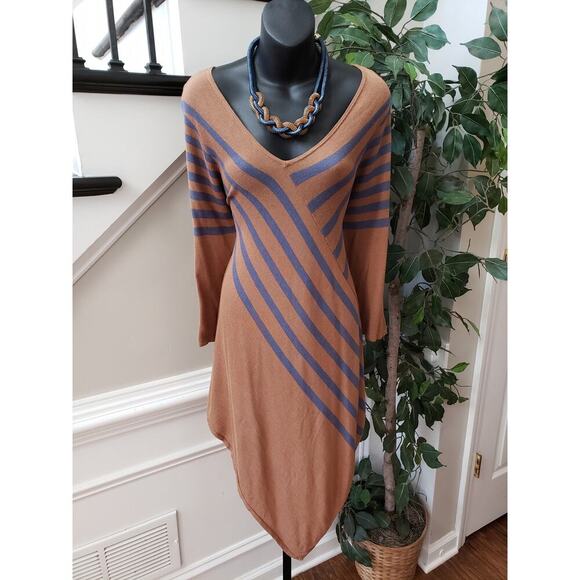 NY Collection Jersey Dress Women's XL Brown Striped Long Sleeve Handkerchief Hem - Picture 1 of 10